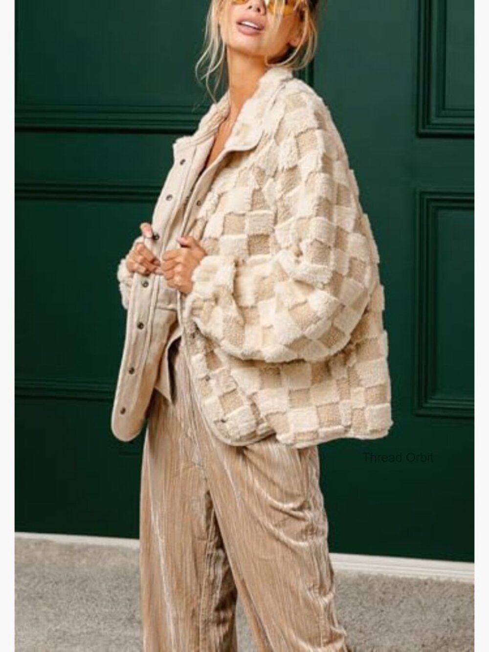 Oversized Sherpa Fleece Jacket with Checkered Pattern, Faux Fur Winter Coat - Picture 6 of 6